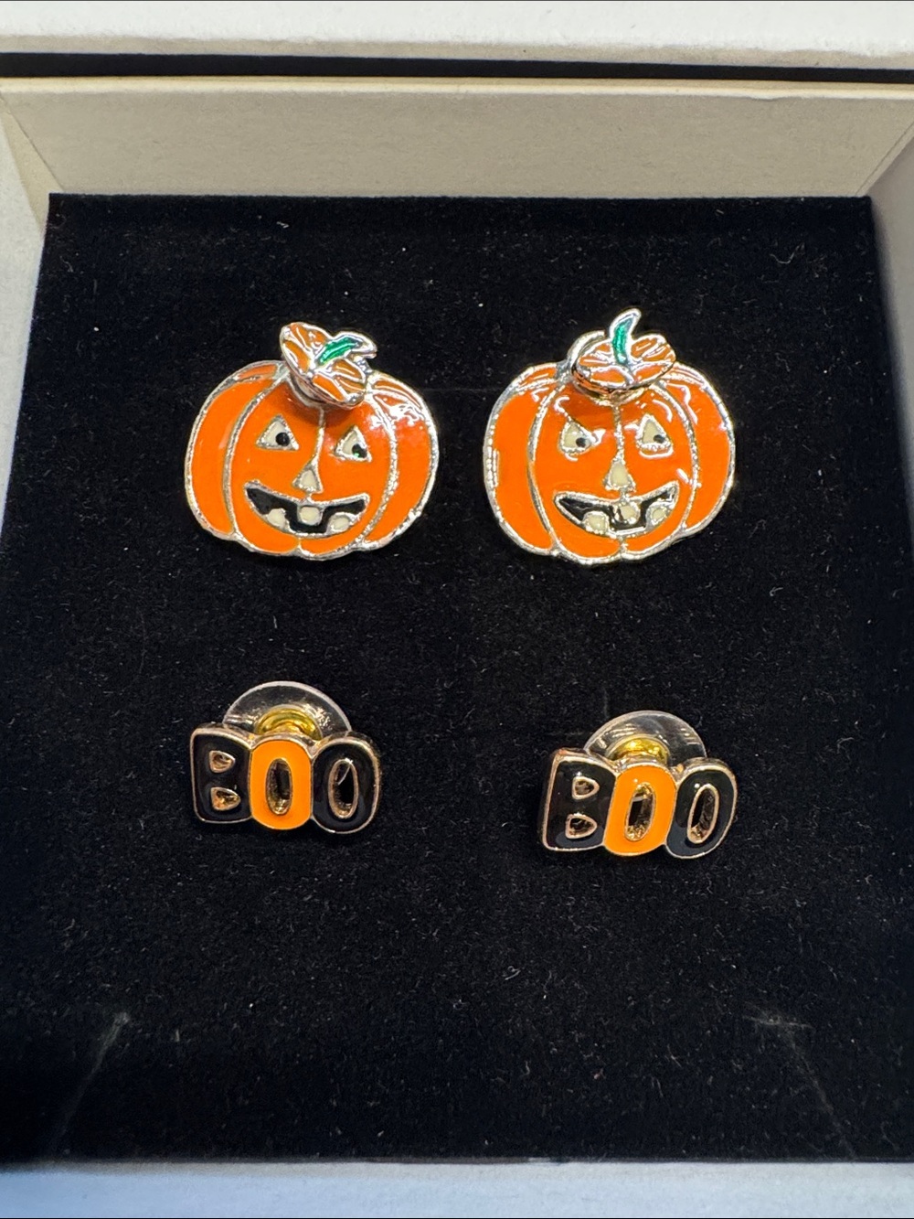 Halloween Pumpkin & BOO Enamel Stud Earring Set - Orange